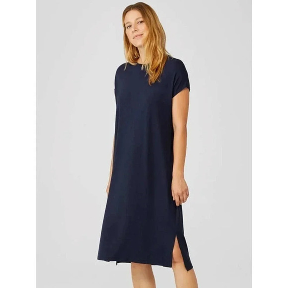 Eileen Fisher Dresses & Skirts - Eileen Fisher Size S Viscose Jersey Crew Neck Dress In Navy Blue